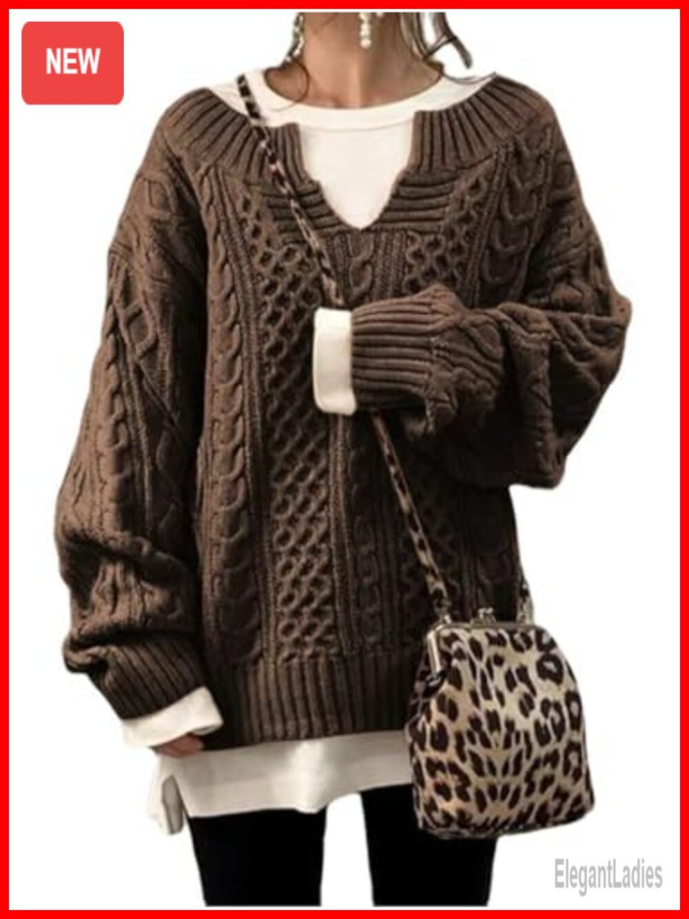 Women's Cable Knit V Neck Long Sleeve Loose Sweater Pullover